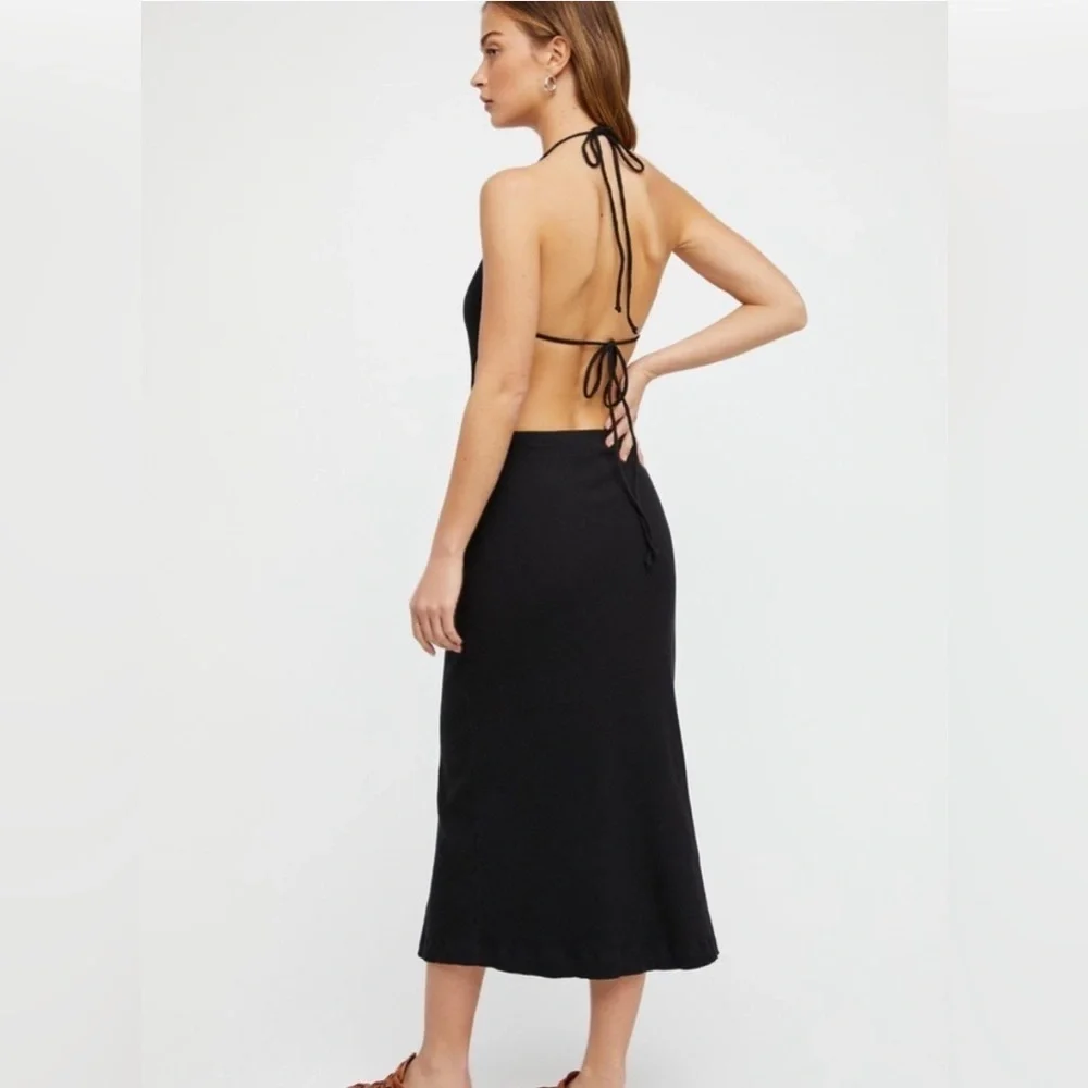 Free People FP Beach Margaret Ribbed Cut Out Backless Midi Dress Black